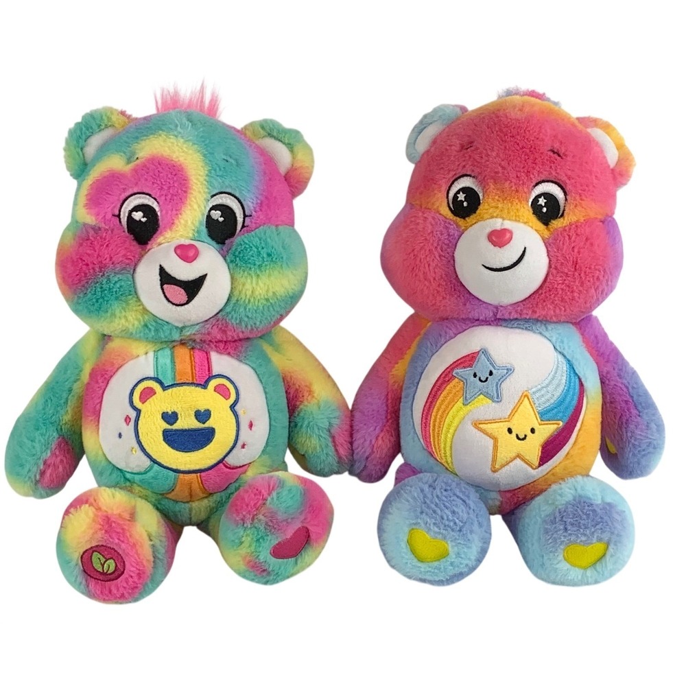 Care Bears Good Vibes Bear and Dare To Care Bear Plush Set Rainbow Tie Dye 14"